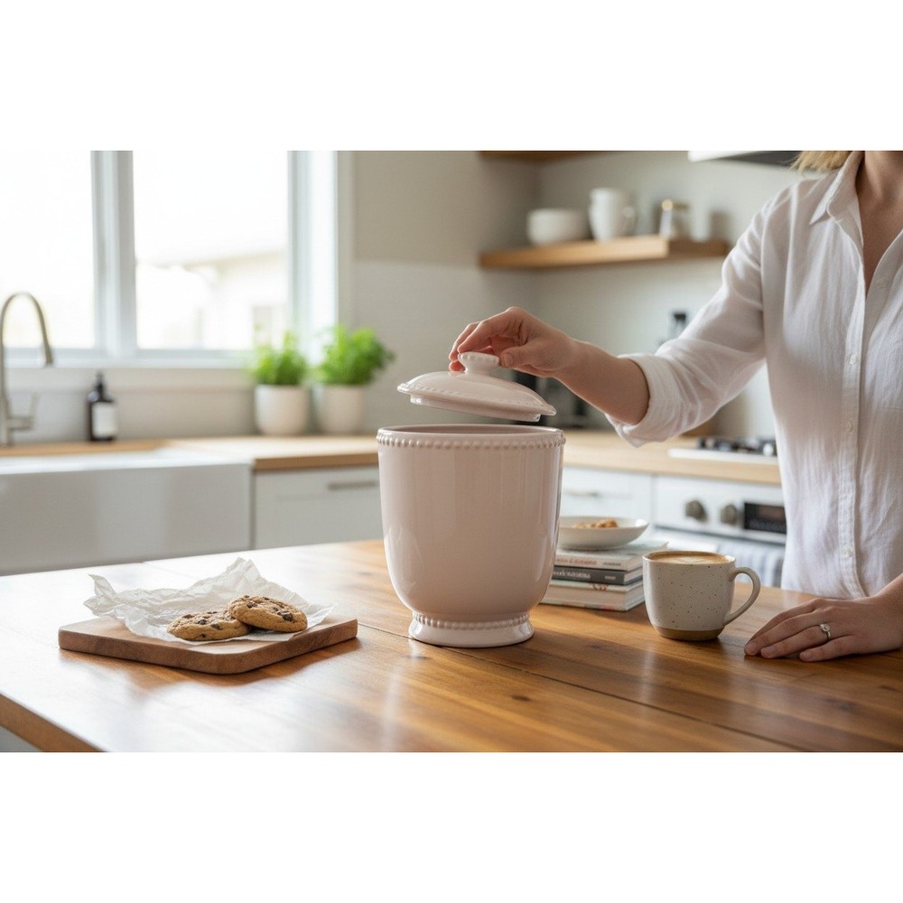 American Atelier Bianca Bead Canister Home 10x7 White NWOT Ceramic Beaded